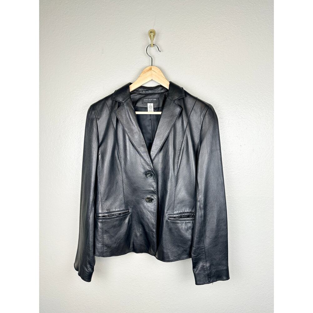 Vintage Y2K 100% Leather Black Blazer Two Button Up Minimalist Jacket Medium